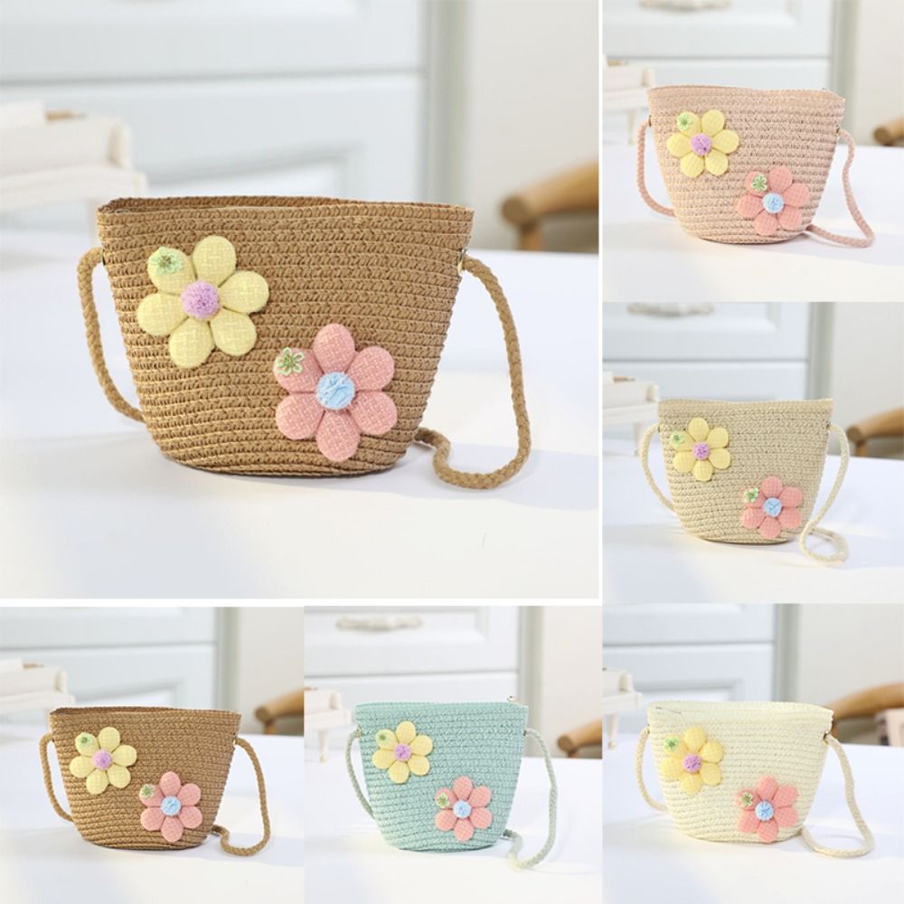 Flower Girl Basket - Handgefertigte geflochtene Mädchen-Blumen-Strohtasche mit Reißverschluss, Münzbörse,