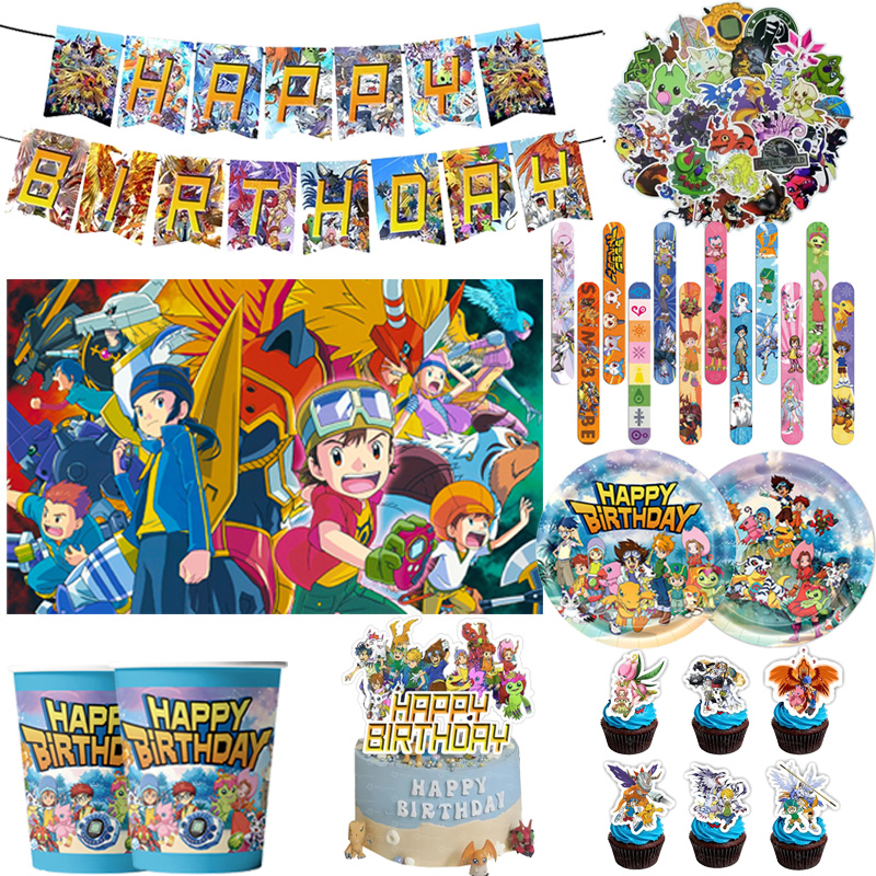 Wedding Day Supply Kit - Digimon-Themen Geburtstagsparty-Zubehör Pappteller Tischdecke Cupcake-Topper Hängende